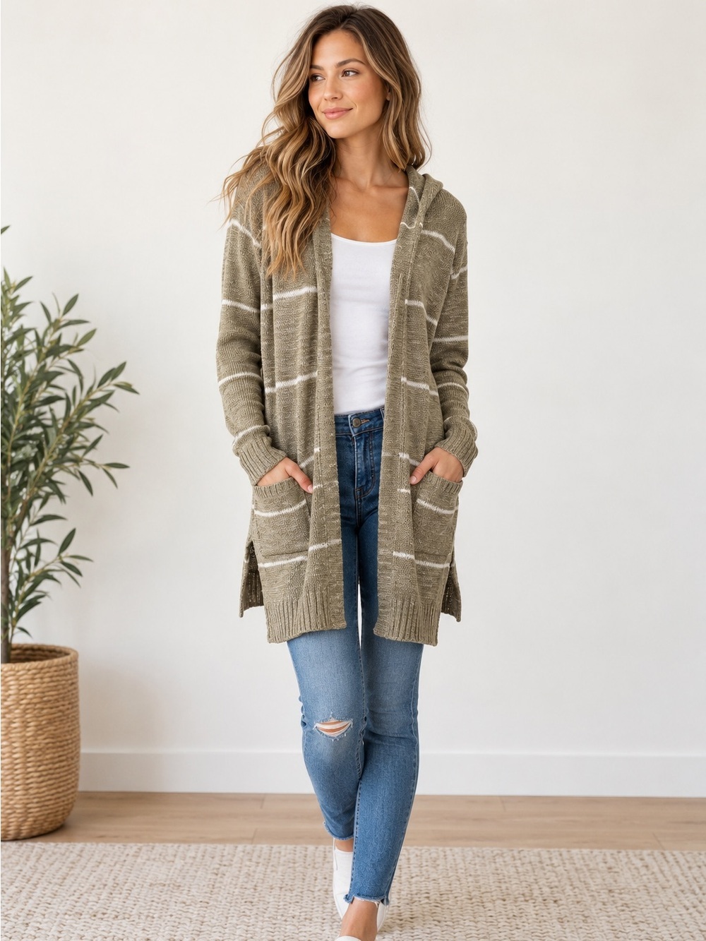 Pink Rose Women’s M Taupe Striped Hooded Open Front Cardigan Sweater